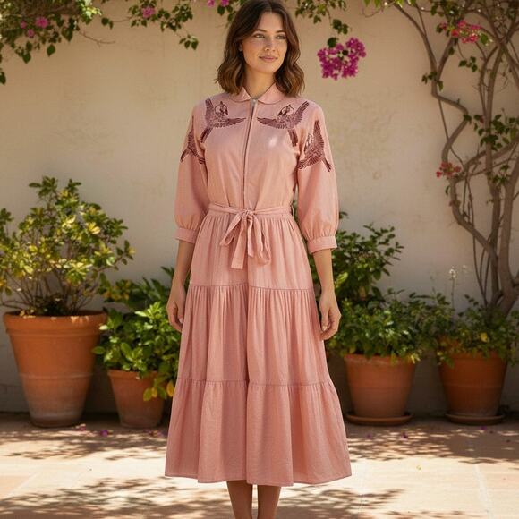 Tallulah & Hope Dresses & Skirts - TALLULAH & HOPE Bird Embroidered Dress Waist-tie Peach Women's 6